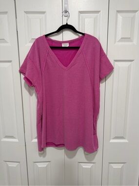 ANDREE BY UNIT Pink V-Neck Waffle Knit Short Sleeve Top